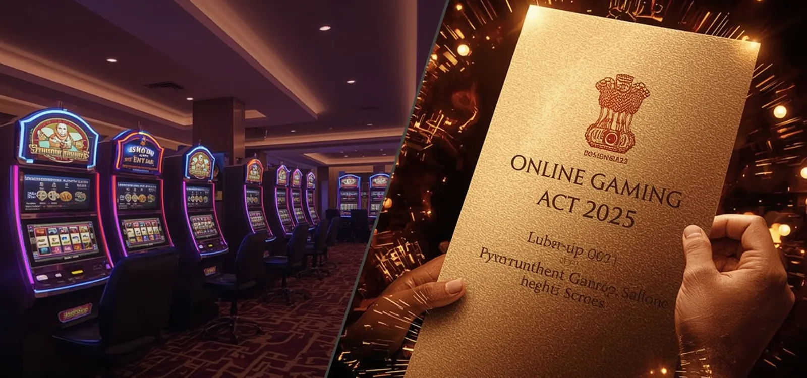 How the New Law Affects Casino Games in India Casino slot machines and hand holding official Online Gaming Act 2025 document