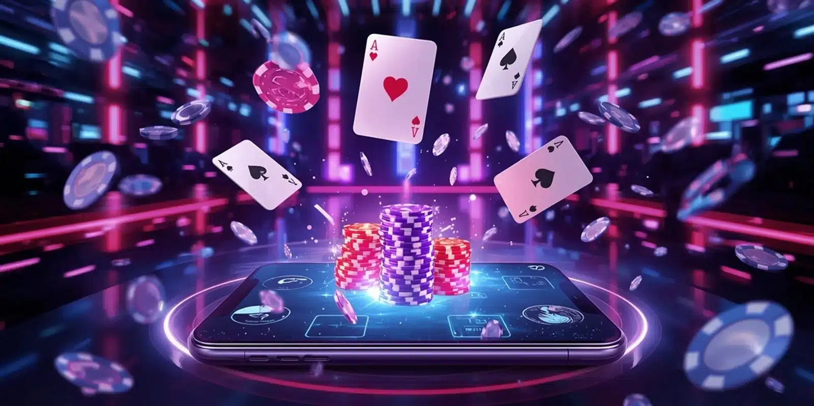Digital casino scene with smartphone, poker chips, and playing cards