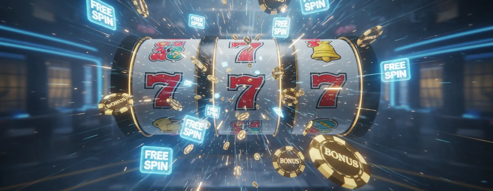 Claim No Deposit Bonus Slot machine reels with triple sevens and glowing free spin bonus icons in motion