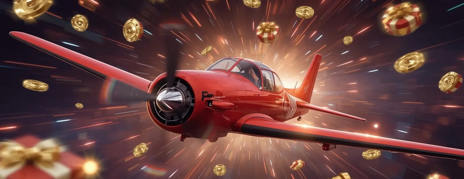 Crash-Style Game Red Aviator airplane flying through coins and gifts symbolizing crash-style casino gameplay