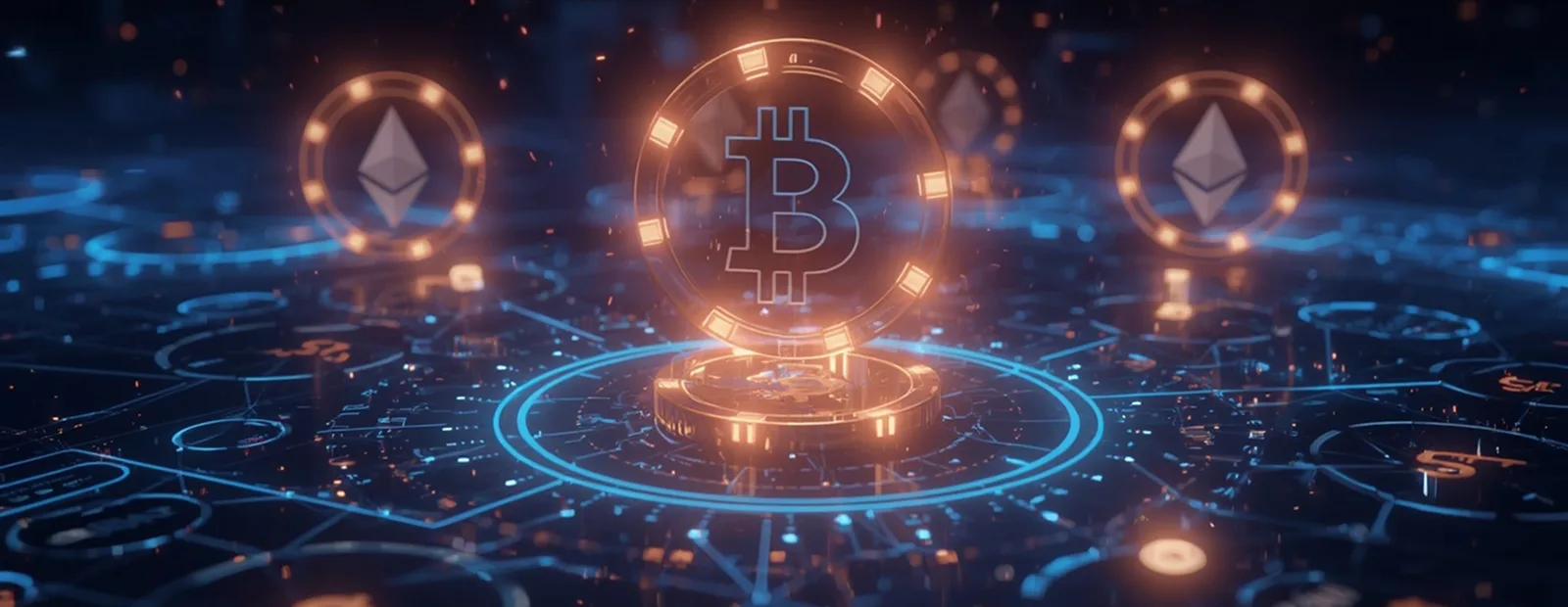 Crypto Gambling Glowing Bitcoin and Ethereum symbols over digital network