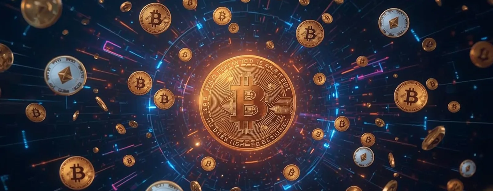 Crypto Payments Golden Bitcoin surrounded by smaller coins representing secure blockchain payment systems