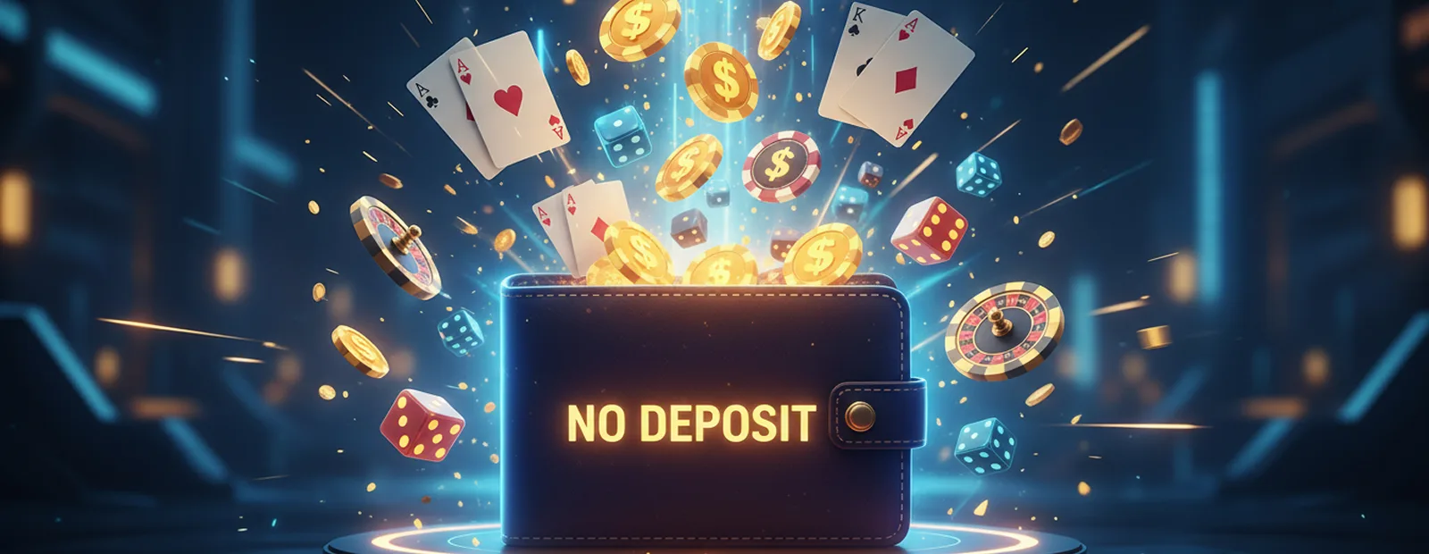 How No Deposit Bonus Work Wallet with golden coins, roulette wheels, and cards showing casino no deposit offers