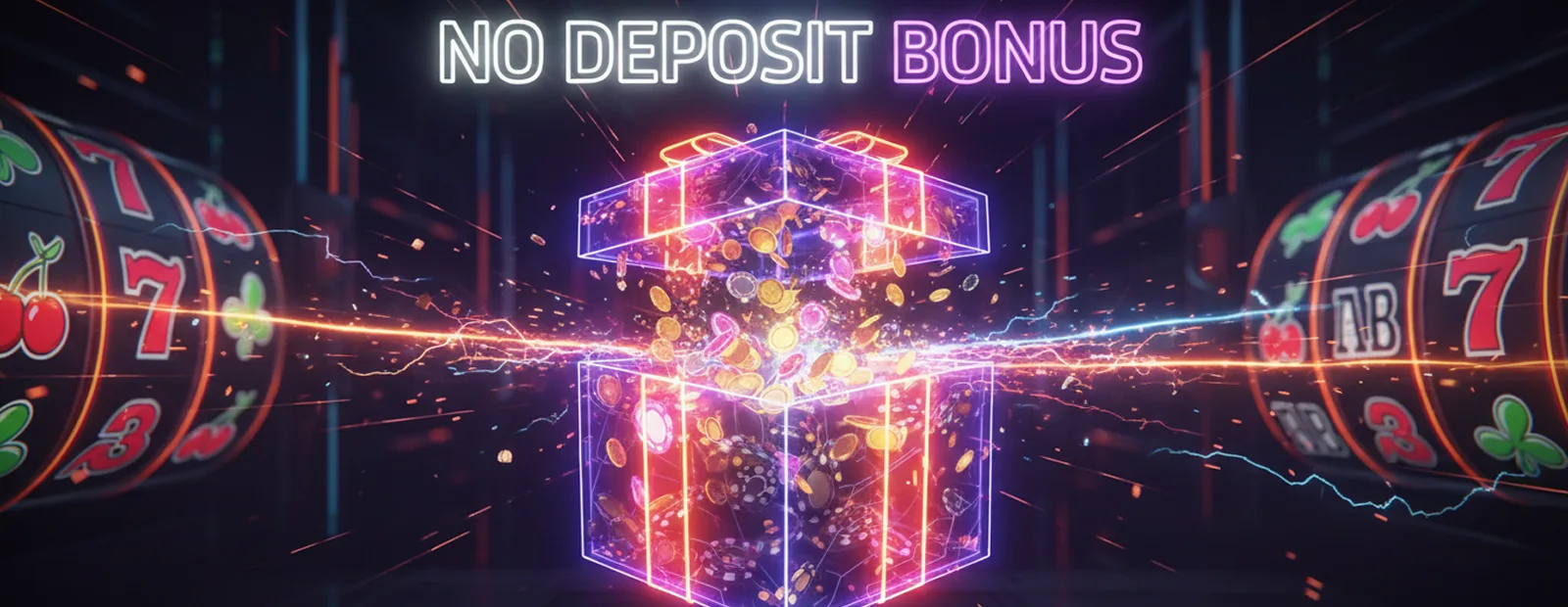 No Deposit Casino Bonus Neon glowing gift box bursting with casino coins symbolizing no deposit bonus rewards