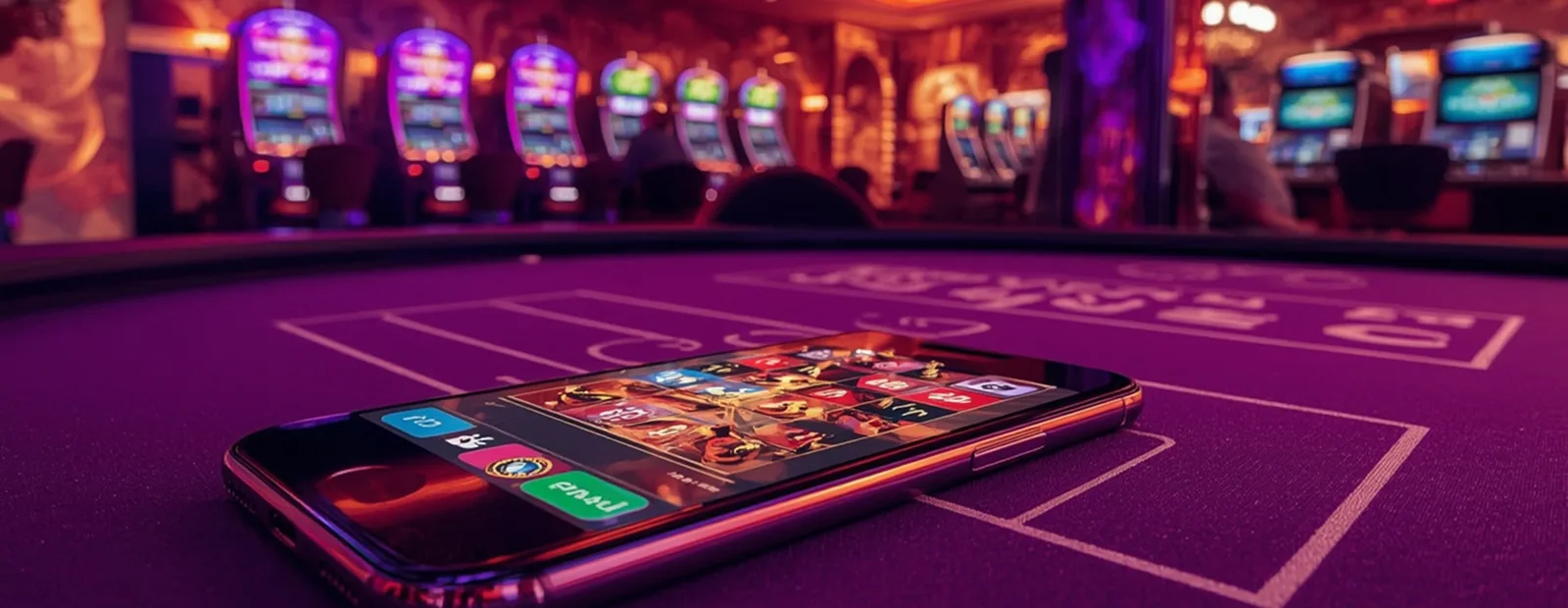 Online Casino Games in 2025 Smartphone on casino table displaying online slot game interface with neon lights