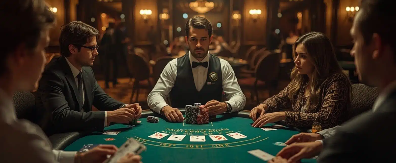 Playing Poker at a Casino Table Professional dealer managing poker round as focused players place bets at casino table