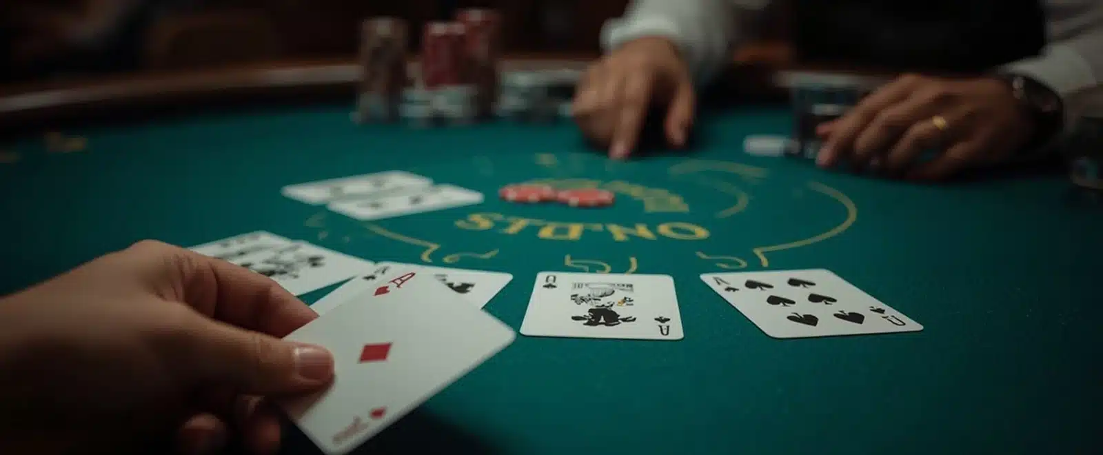 Poker Hand Closeup view of poker cards on green table during intense casino game round