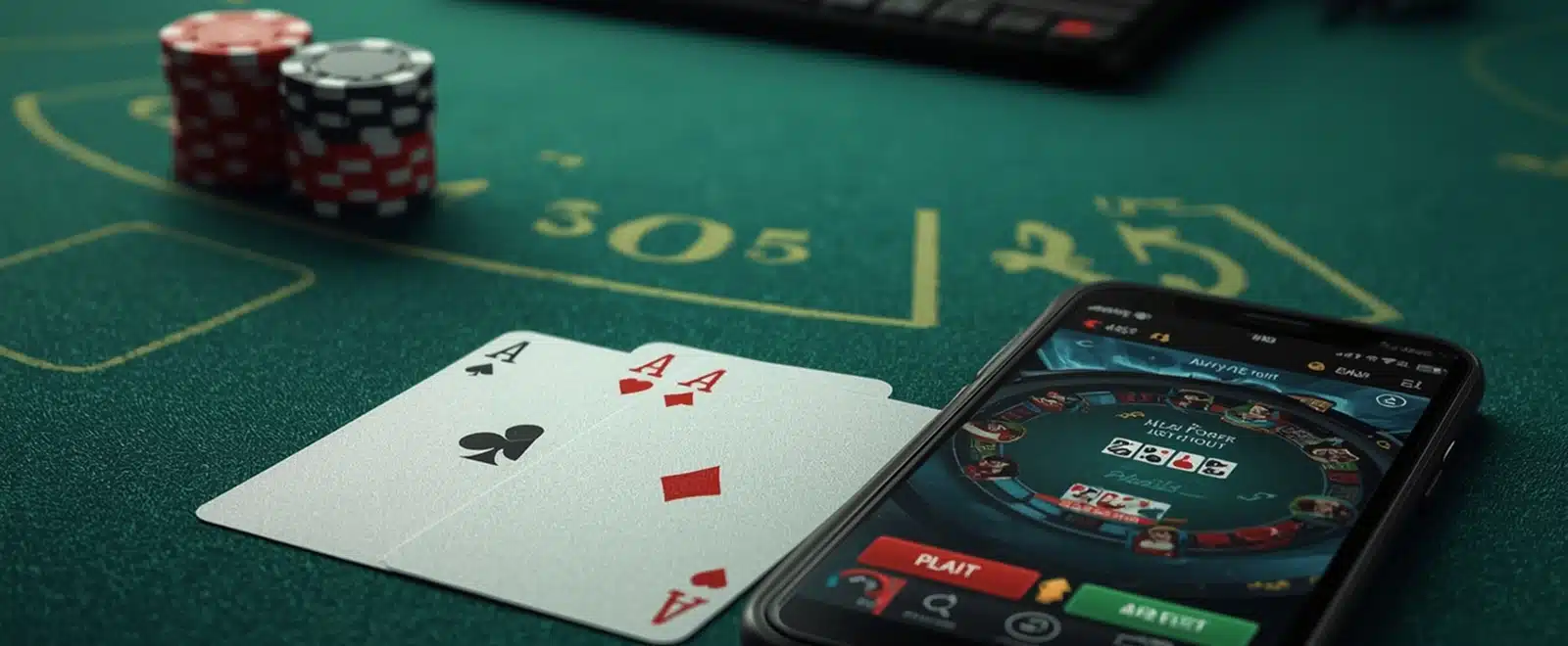 Poker card game Online poker app displayed beside cards and chips during real casino gameplay