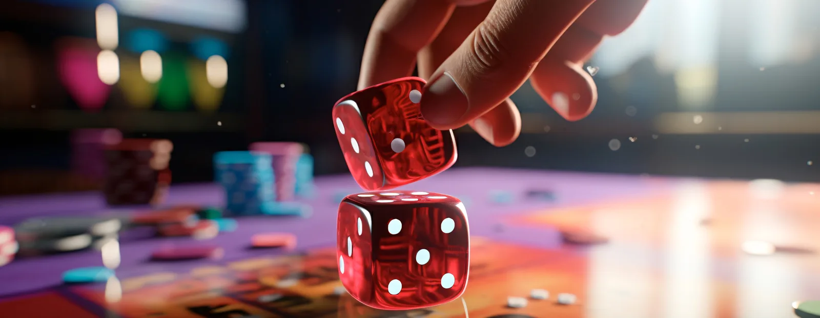 Reliable online casino Hand rolling red dice on casino table representing trust and reliability in online gaming