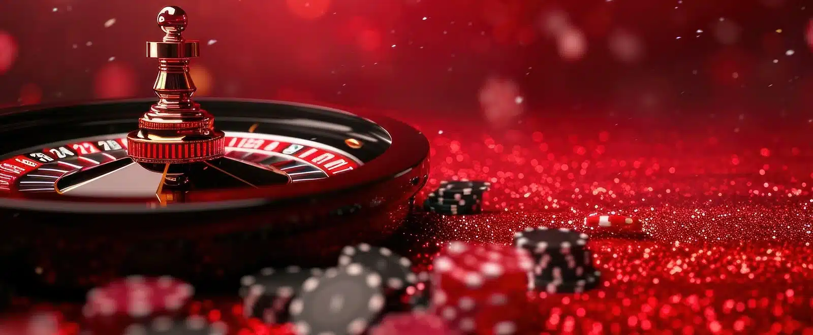 Roulette game Red glowing roulette wheel with scattered casino chips on sparkling background