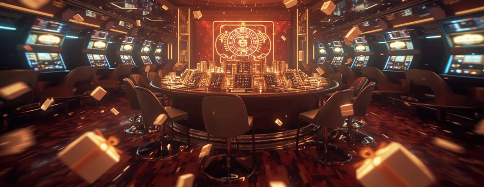 Skill-Based Games Futuristic casino interior with glowing slot machines representing modern skill-based gaming trends