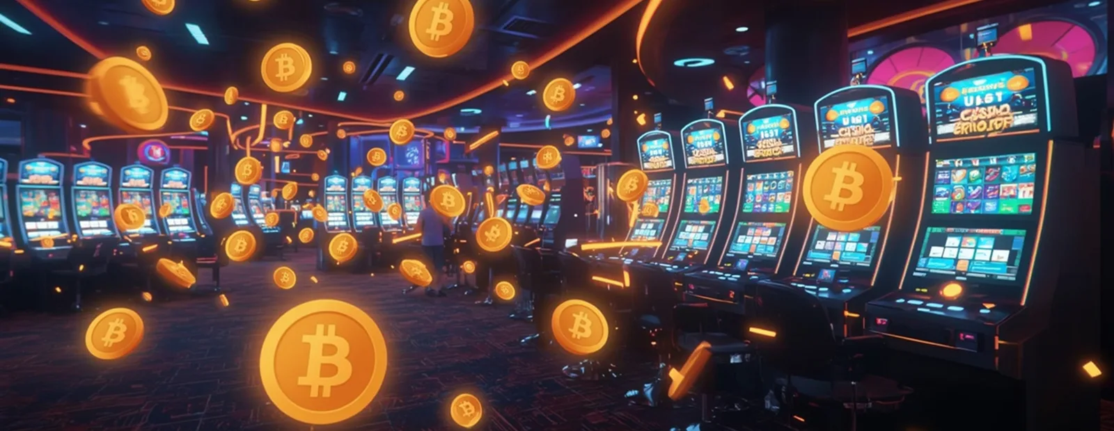 What Is a Crypto Casino Bitcoin coins floating around bright casino slot machines symbolizing crypto gambling
